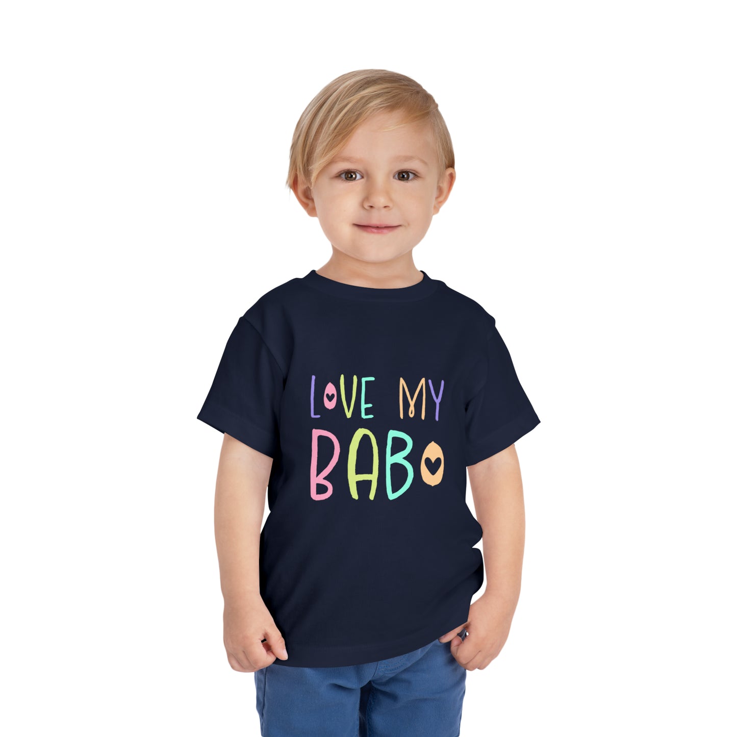 Boy Wearing Navy Blue I Love My Babo Toddler Shirt, Love My Babo Balkan Toddler, Bosnian Clothing, Toddler Short Sleeve Tee