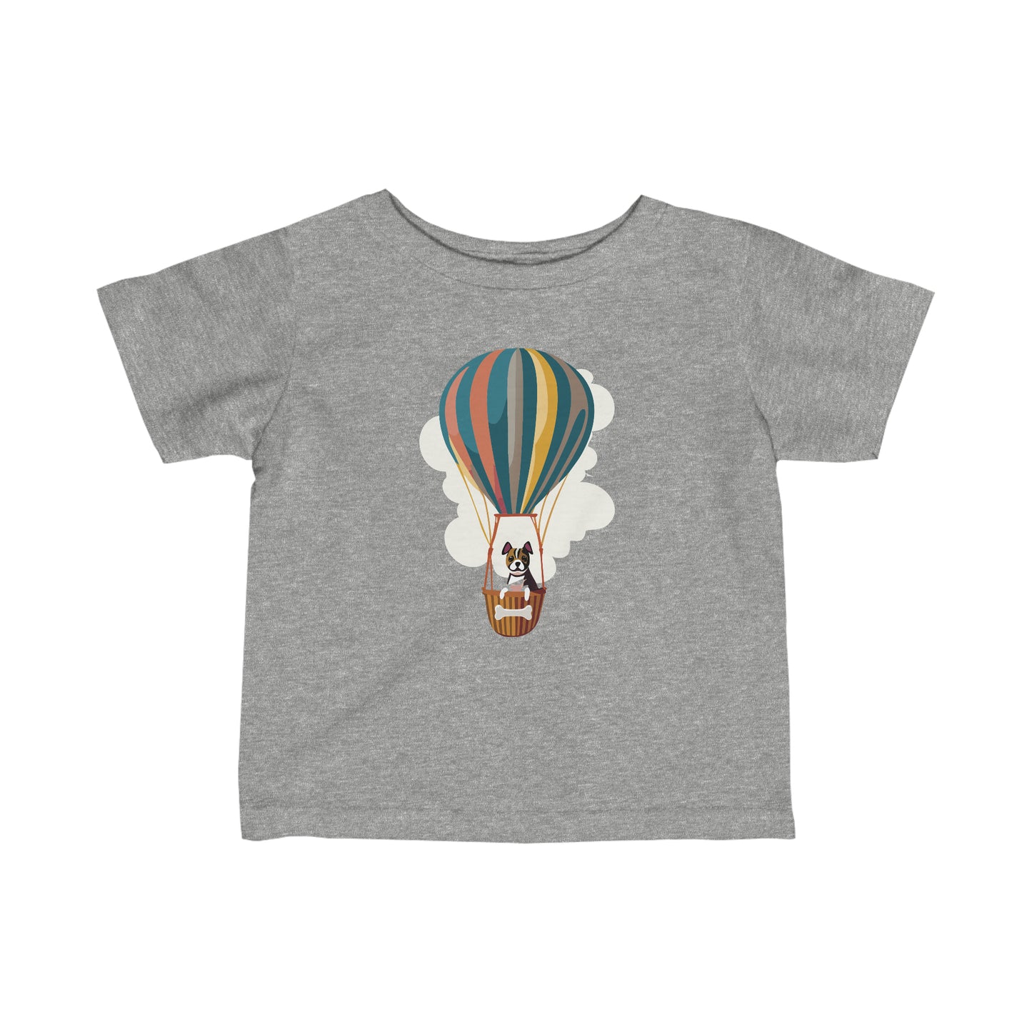 Heather Grey Dog on a Hot Air Balloon Baby T-Shirt, Cute Puppy Flying on Air Balloon Toddler Shirt