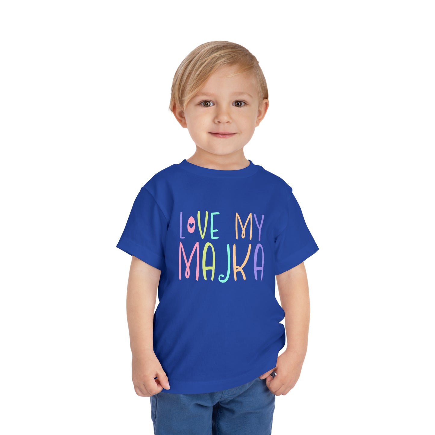 Boy Wearing Royal Blue I Love My Majka Toddler Shirt, Love My Majka Balkan Toddler, Bosnian Clothing, Toddler Short Sleeve Tee