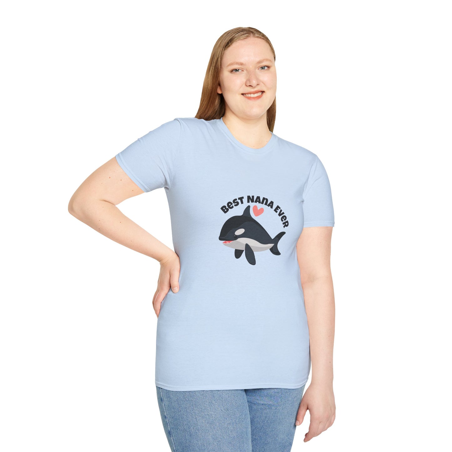 Woman Wearing Light Blue Best Nana Ever Orca Unisex Softstyle T-Shirt, Bosnian Baby Announcement Surprise Shirt