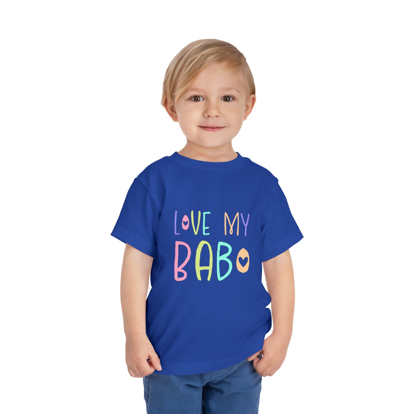 Boy Wearing Royal Blue I Love My Babo Toddler Shirt, Love My Babo Balkan Toddler, Bosnian Clothing, Toddler Short Sleeve Tee