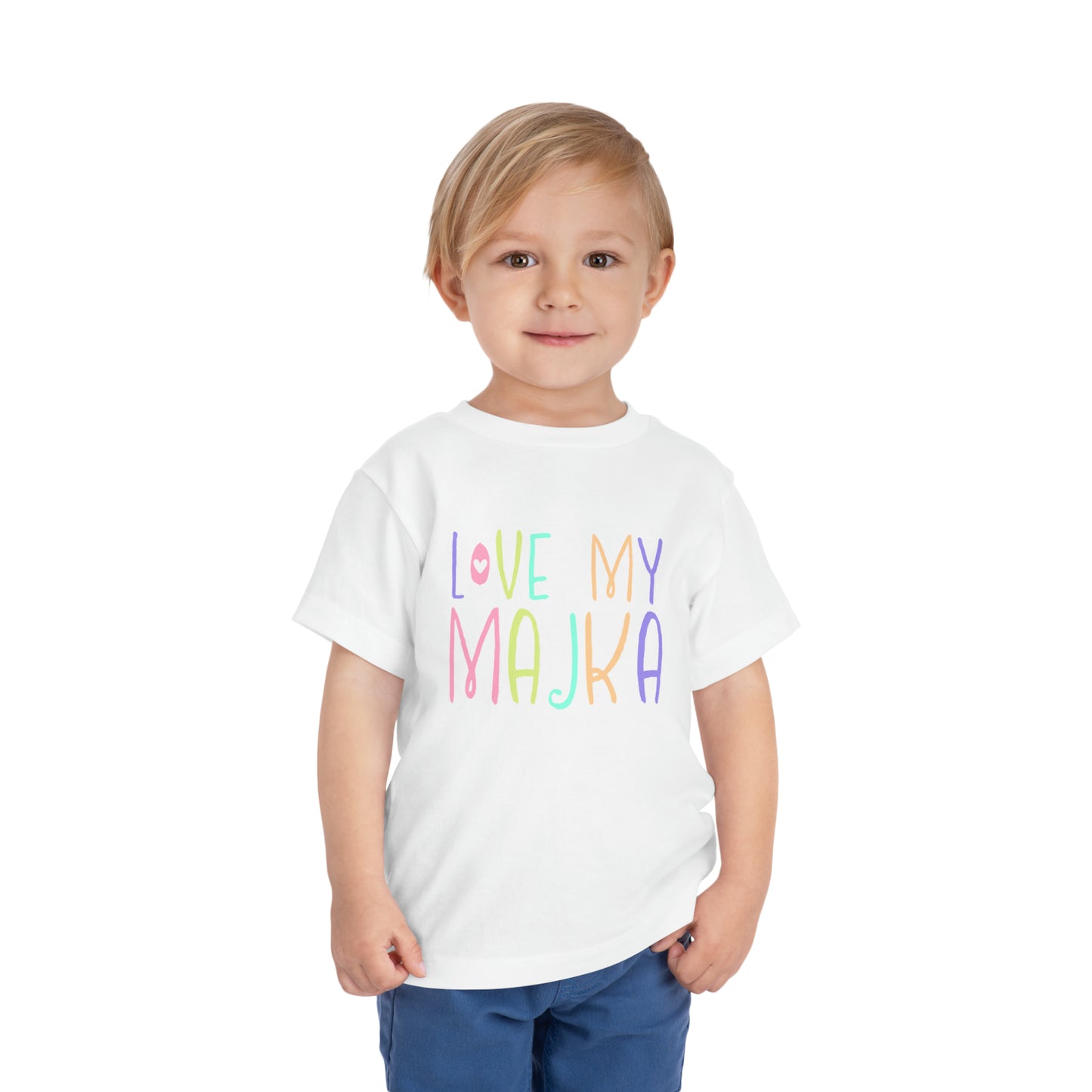 Boy Wearing White I Love My Majka Toddler Shirt, Love My Majka Balkan Toddler, Bosnian Clothing, Toddler Short Sleeve Tee