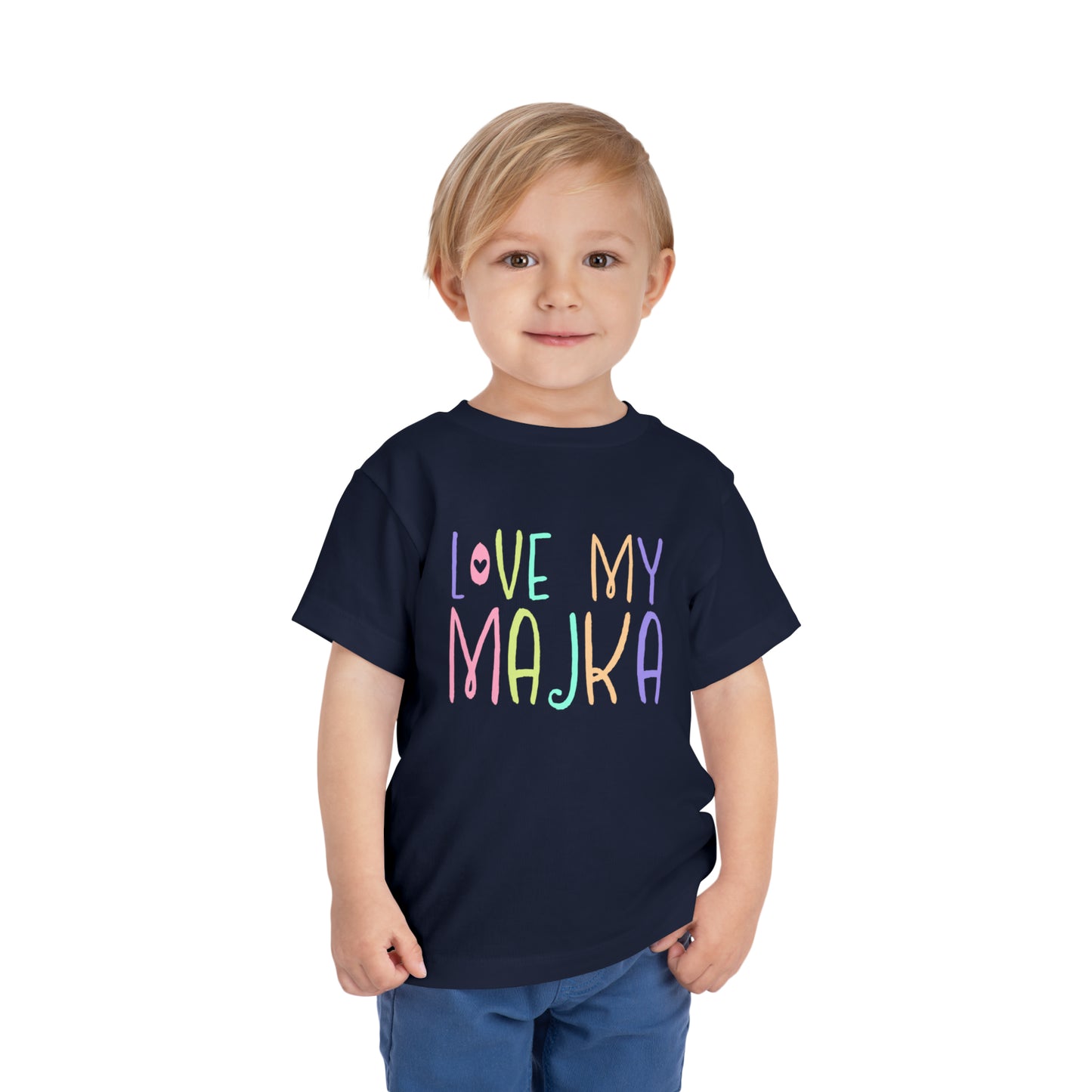 Boy Wearing Navy Blue I Love My Majka Toddler Shirt, Love My Majka Balkan Toddler, Bosnian Clothing, Toddler Short Sleeve Tee