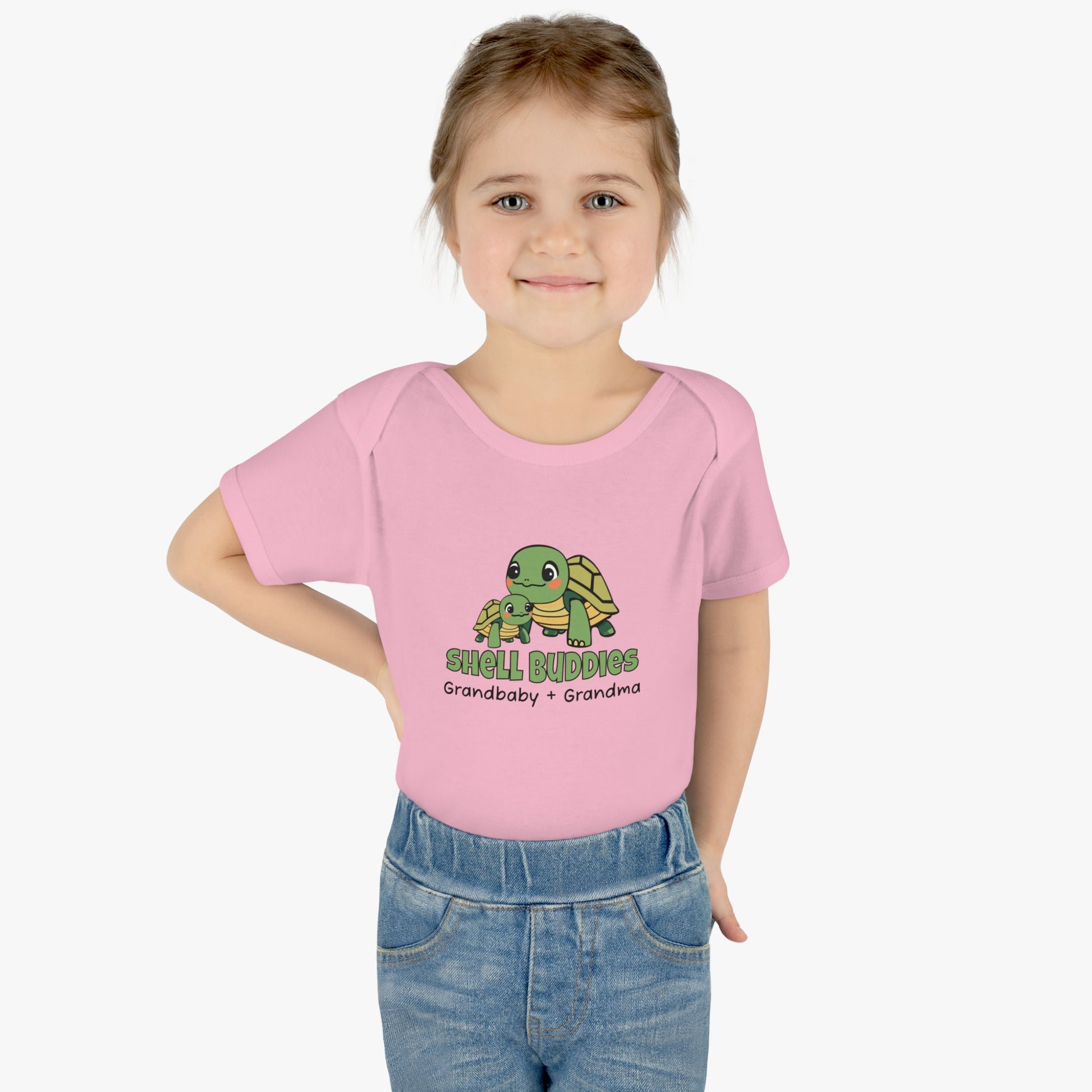 Girl Wearing Pink Shell Buddies Turtles Snapsuit for Grandparent and Grandbaby, Turtles Bodysuit for Grandbaby