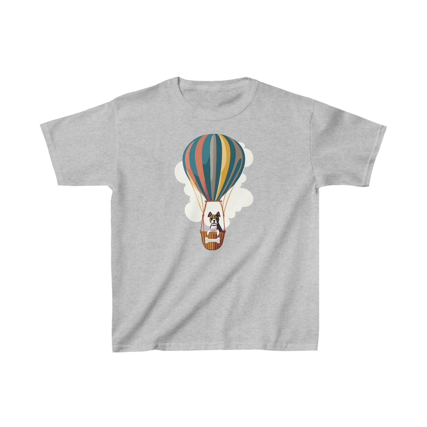 Sports Grey Dog on a Hot Air Balloon Children's T-Shirt, Cute Puppy Flying on Air Balloon Kids Shirt