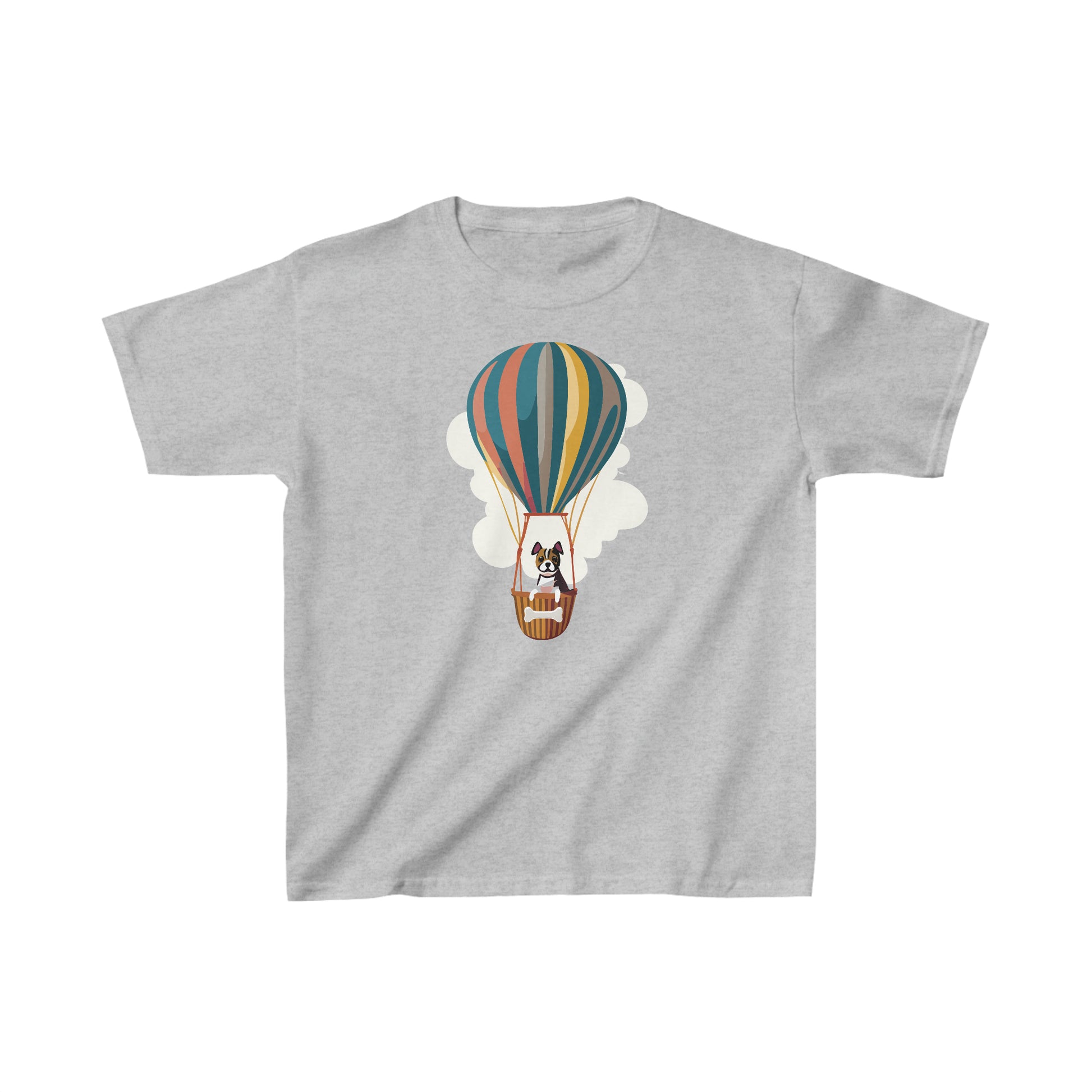 Sports Grey Dog on a Hot Air Balloon Children's T-Shirt, Cute Puppy Flying on Air Balloon Kids Shirt
