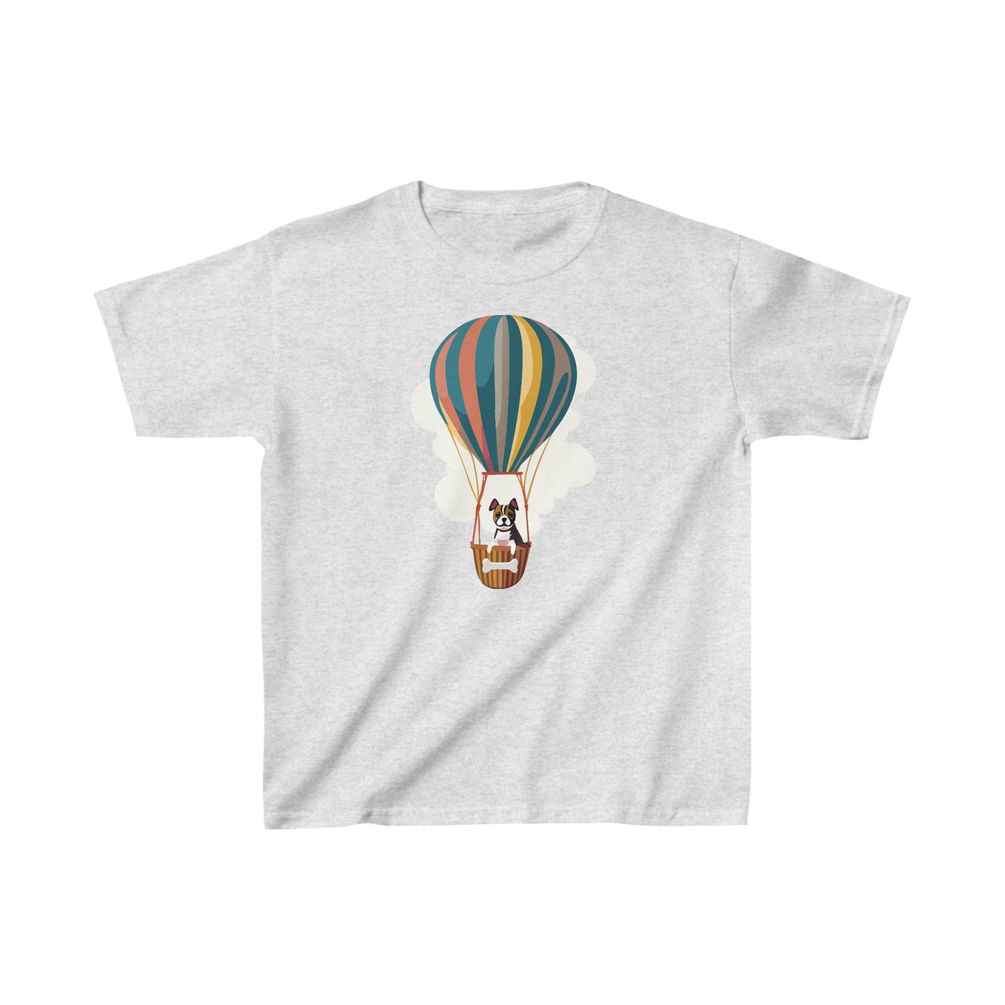 Ash Grey Dog on a Hot Air Balloon Children's T-Shirt, Cute Puppy Flying on Air Balloon Kids Shirt