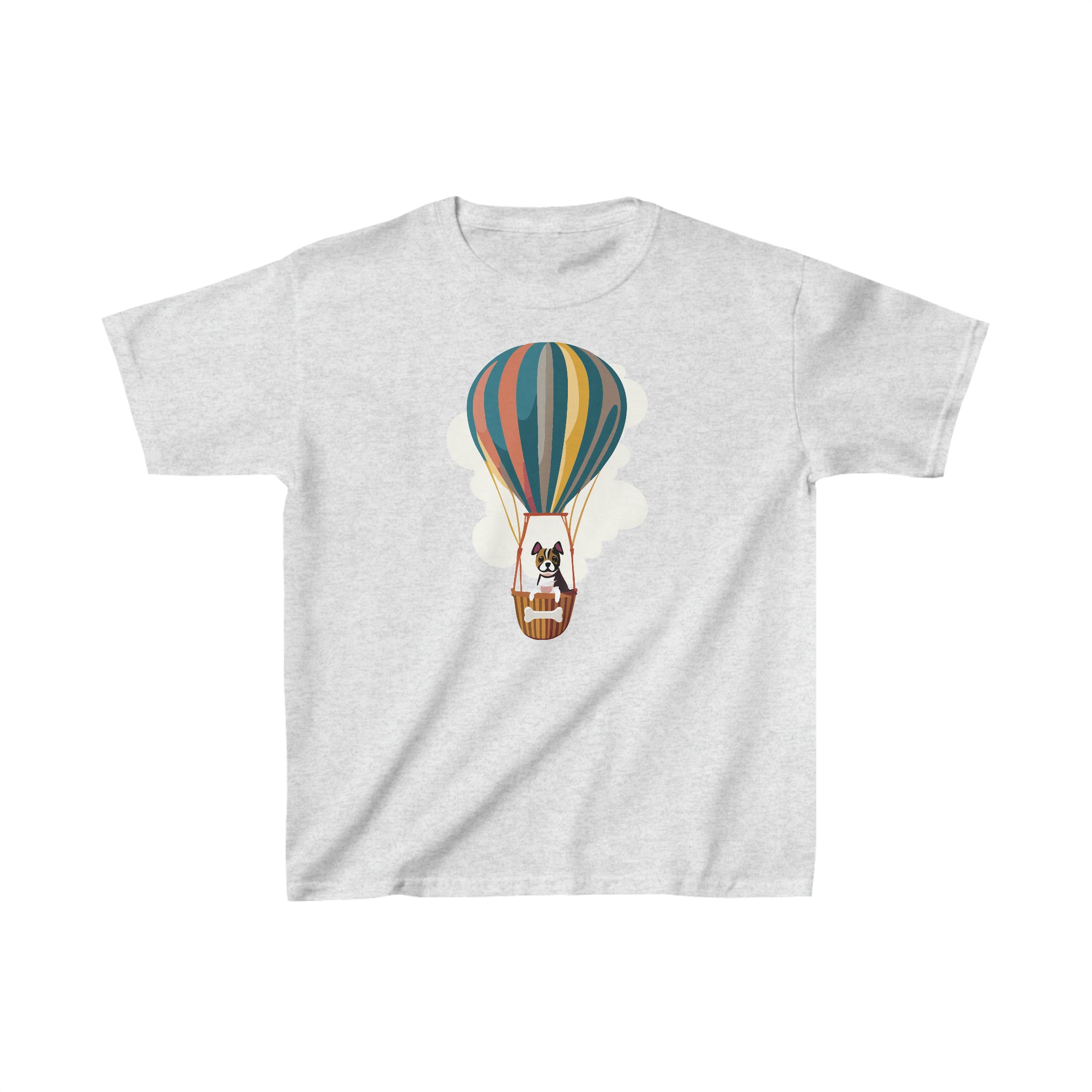 Ash Grey Dog on a Hot Air Balloon Children's T-Shirt, Cute Puppy Flying on Air Balloon Kids Shirt