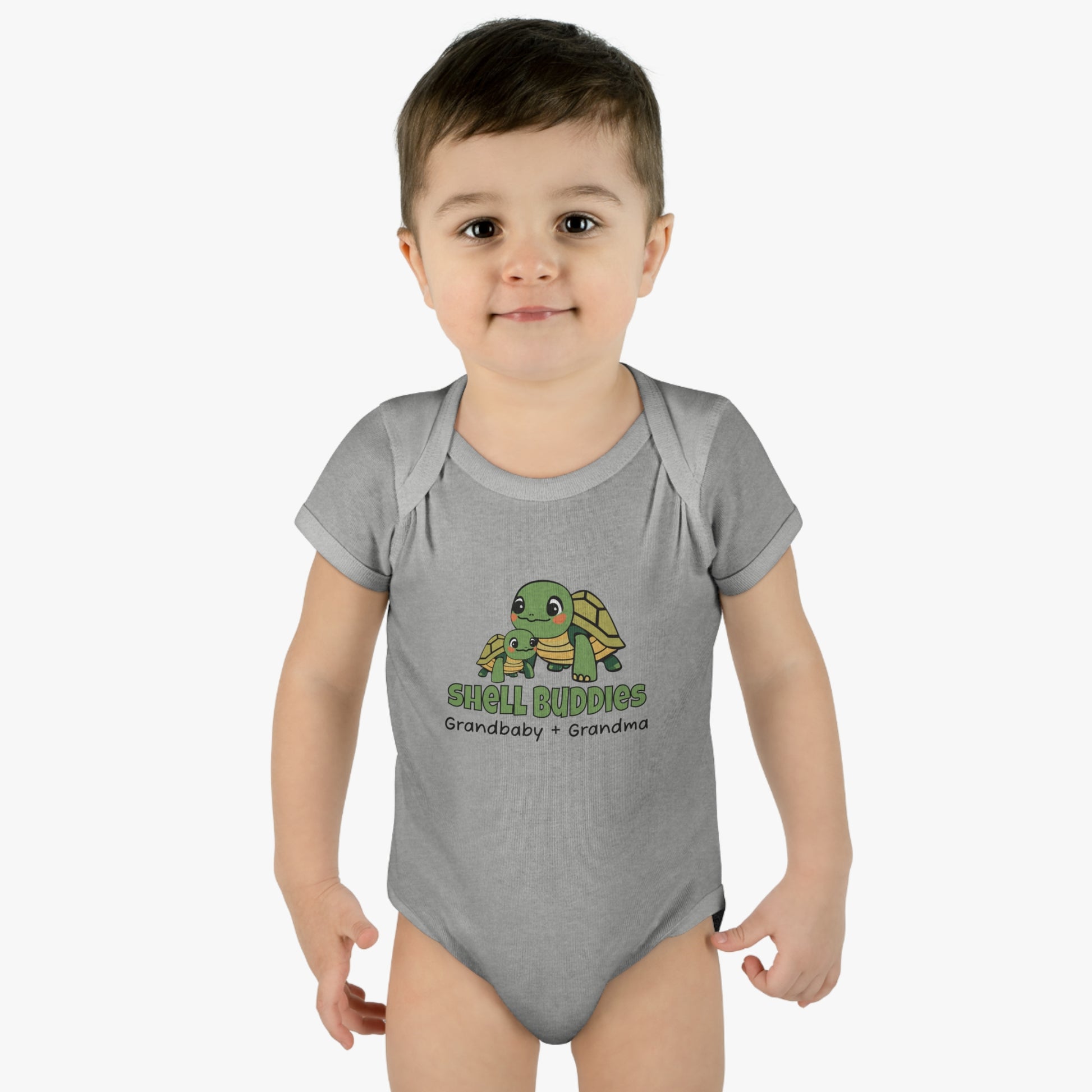 Boy Wearing Heather Grey Shell Buddies Turtles Snapsuit for Grandparent and Grandbaby, Turtles Bodysuit for Grandbaby