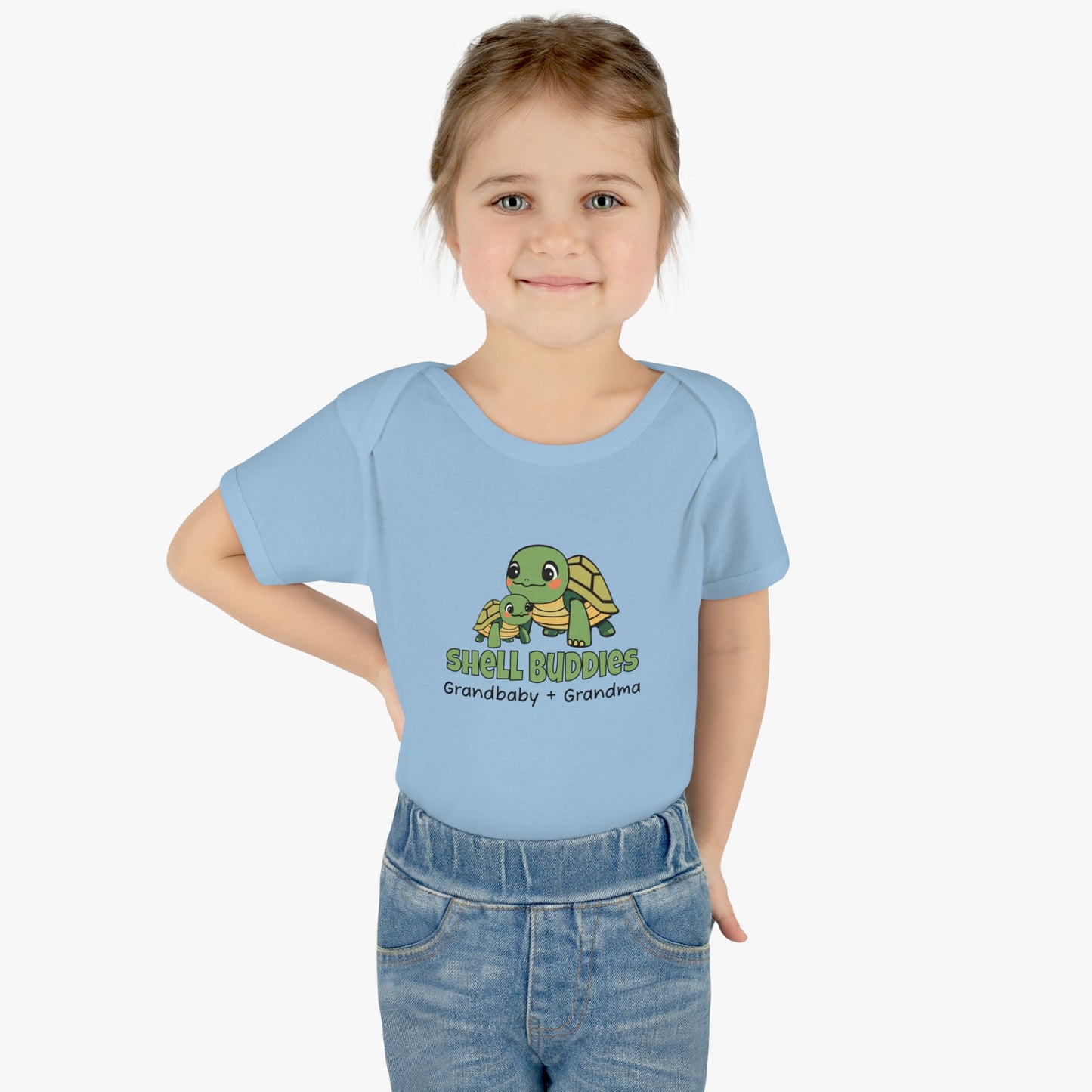 Girl Wearing Light Blue Shell Buddies Turtles Snapsuit for Grandparent and Grandbaby, Turtles Bodysuit for Grandbaby