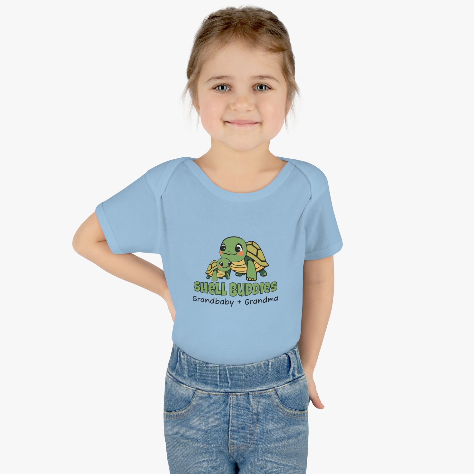 Girl Wearing Light Blue Shell Buddies Turtles Snapsuit for Grandparent and Grandbaby, Turtles Bodysuit for Grandbaby