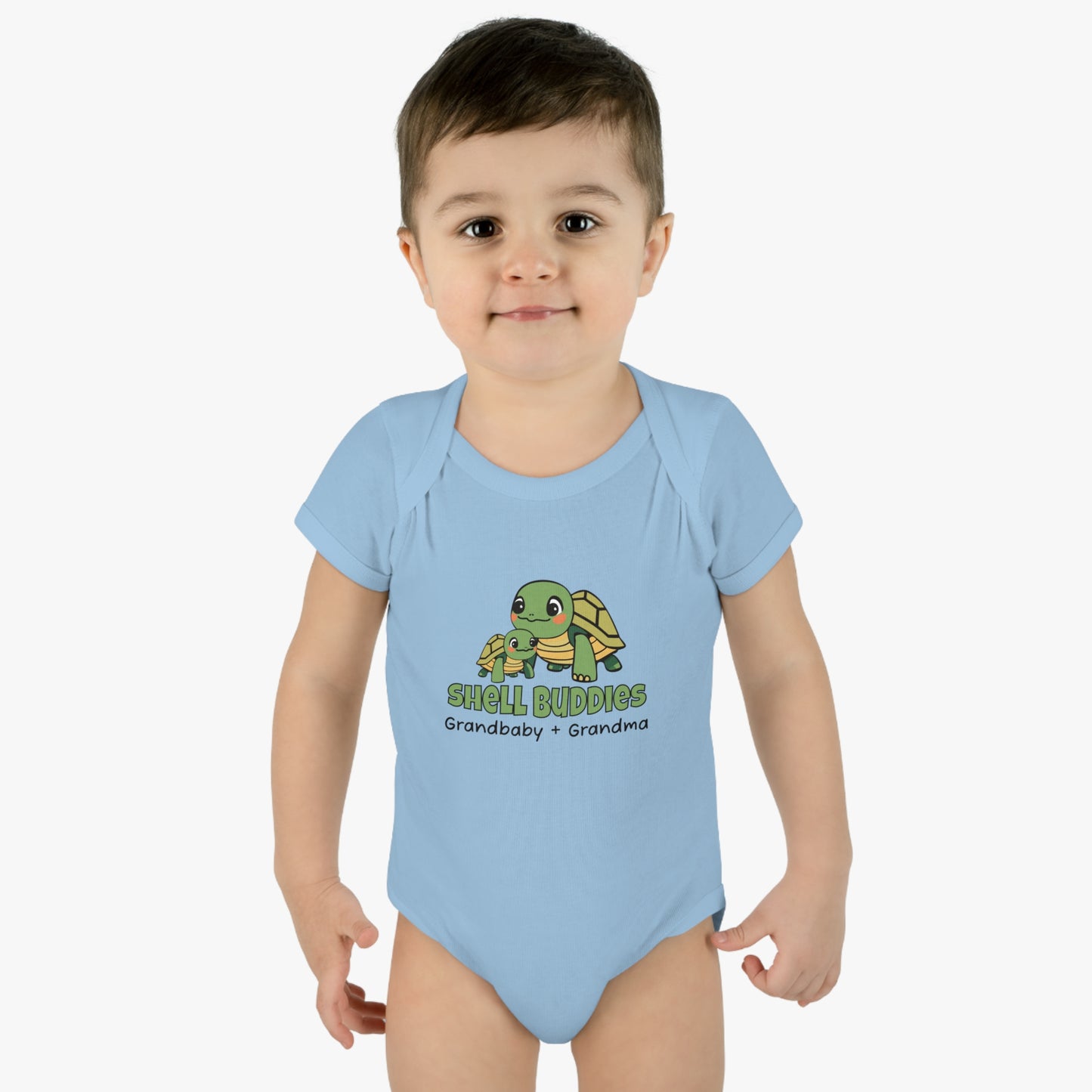 Boy Wearing Light Blue Shell Buddies Turtles Snapsuit for Grandparent and Grandbaby, Turtles Bodysuit for Grandbaby