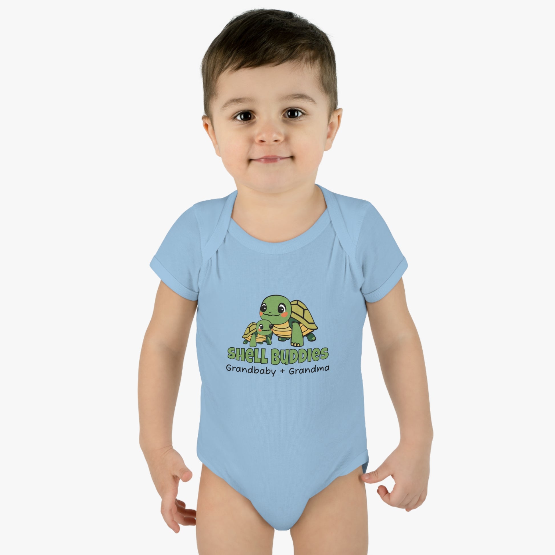 Boy Wearing Light Blue Shell Buddies Turtles Snapsuit for Grandparent and Grandbaby, Turtles Bodysuit for Grandbaby