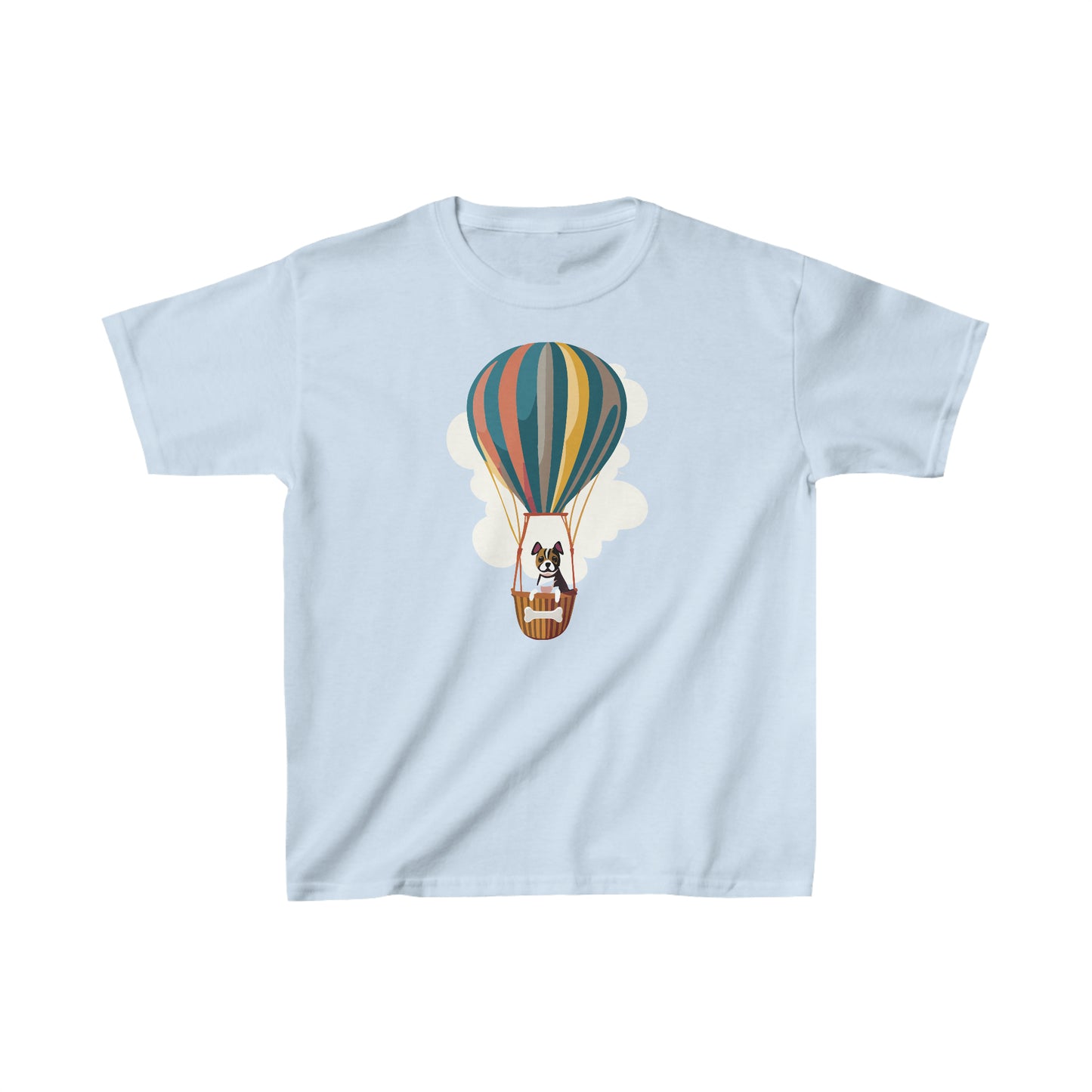 Light Blue Dog on a Hot Air Balloon Children's T-Shirt, Cute Puppy Flying on Air Balloon Kids Shirt