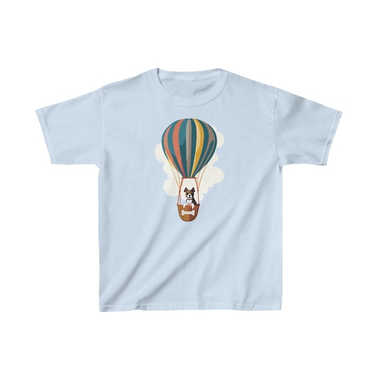 Light Blue Dog on a Hot Air Balloon Children's T-Shirt, Cute Puppy Flying on Air Balloon Kids Shirt