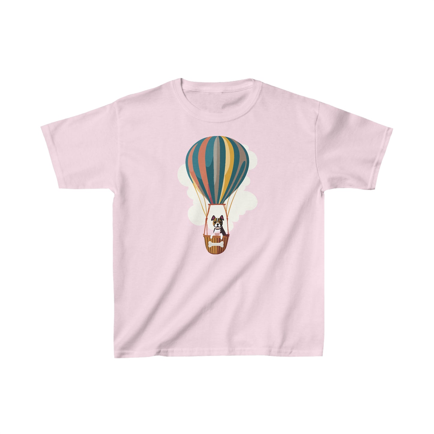Light Pink Dog on a Hot Air Balloon Children's T-Shirt, Cute Puppy Flying on Air Balloon Kids Shirt