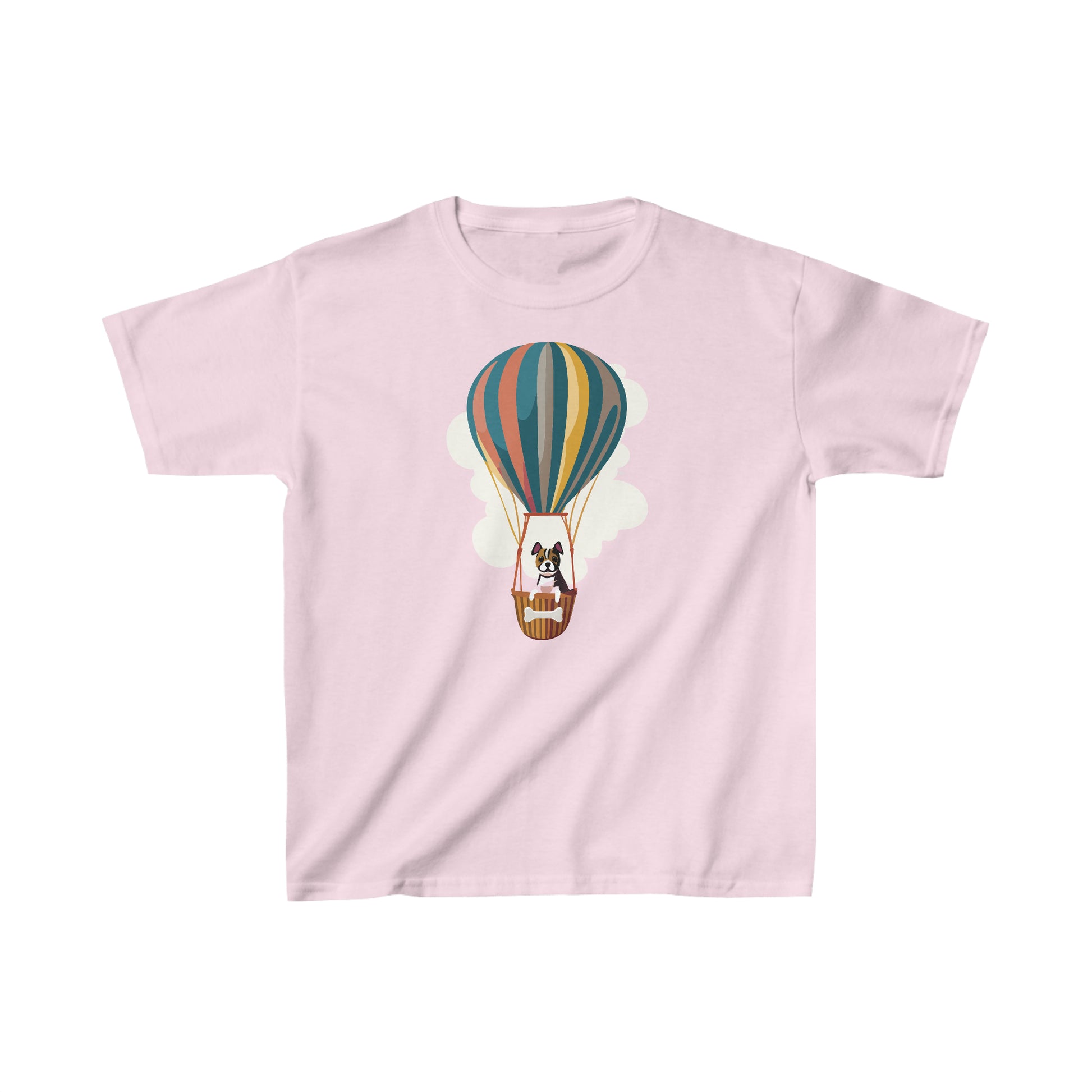 Light Pink Dog on a Hot Air Balloon Children's T-Shirt, Cute Puppy Flying on Air Balloon Kids Shirt