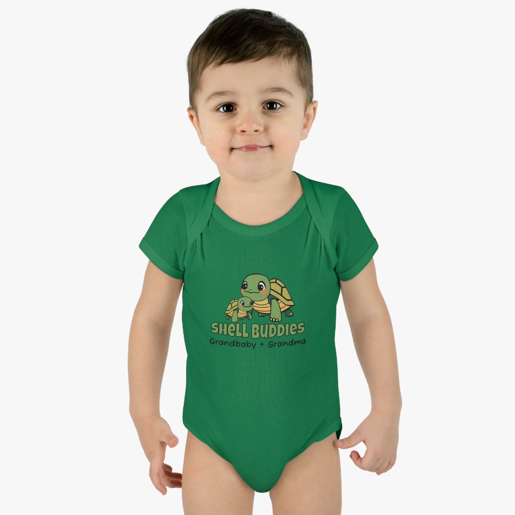 Boy Wearing Kelly Green Shell Buddies Turtles Snapsuit for Grandparent and Grandbaby, Turtles Bodysuit for Grandbaby