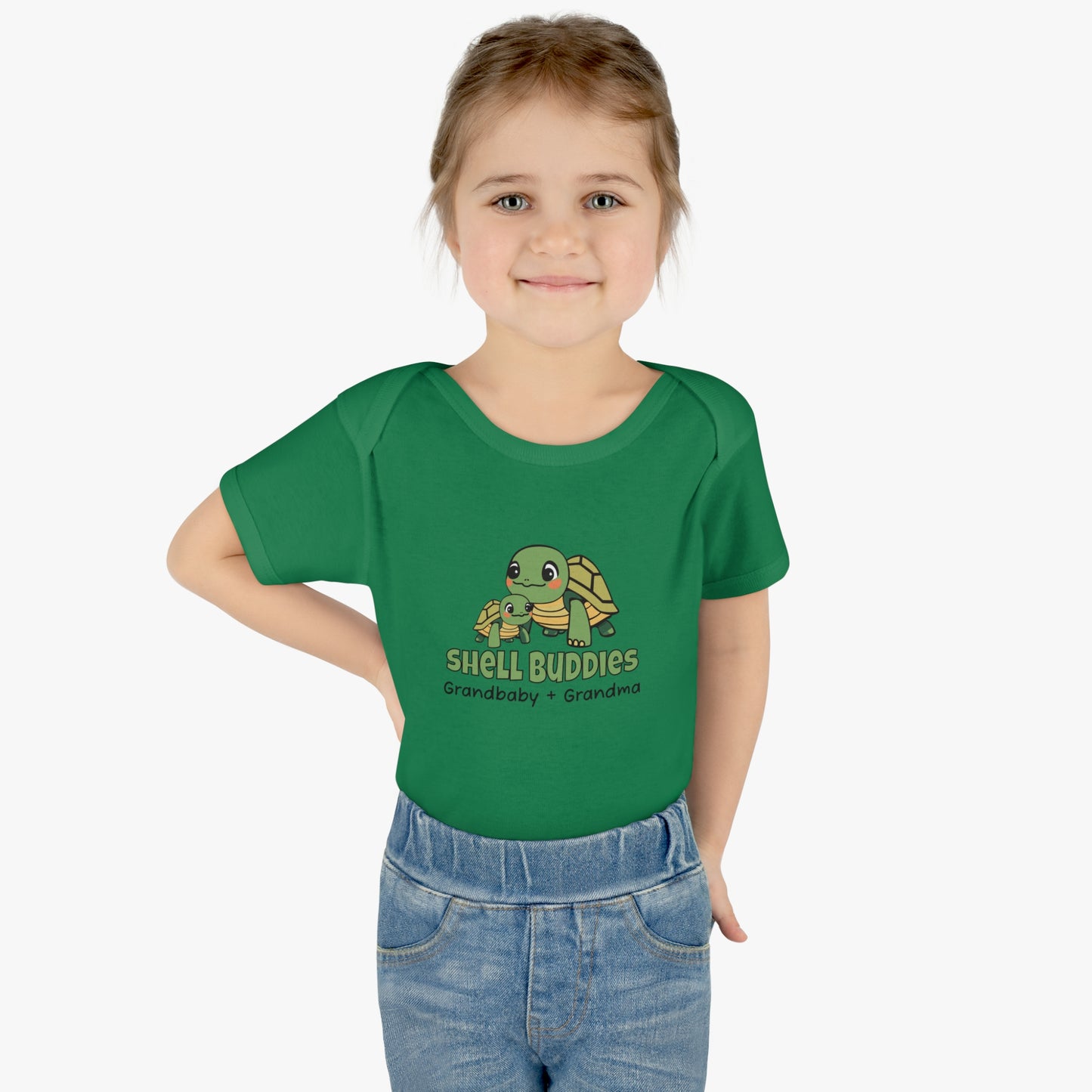 Girl Wearing Kelly Green Shell Buddies Turtles Snapsuit for Grandparent and Grandbaby, Turtles Bodysuit for Grandbaby