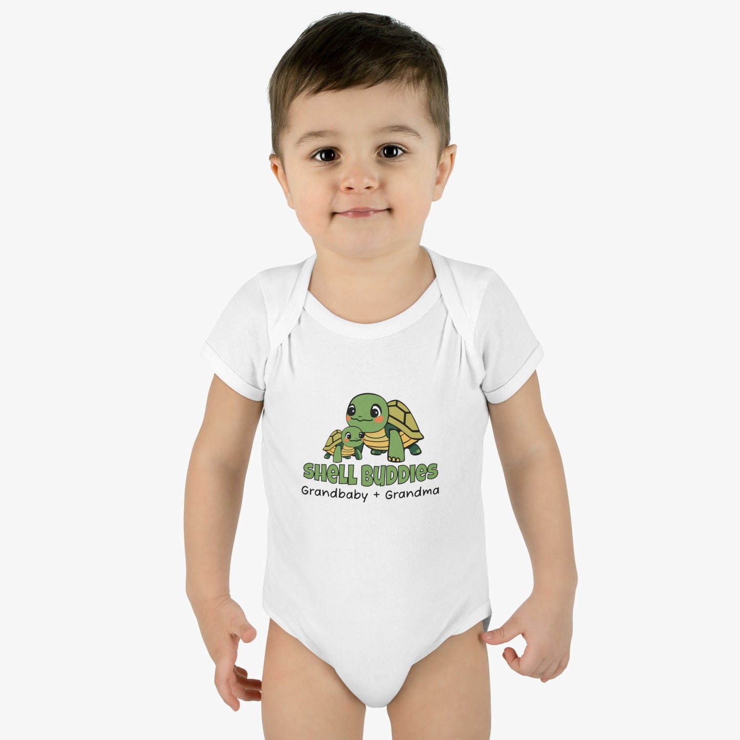 Boy Wearing White Shell Buddies Turtles Snapsuit for Grandparent and Grandbaby, Turtles Bodysuit for Grandbaby