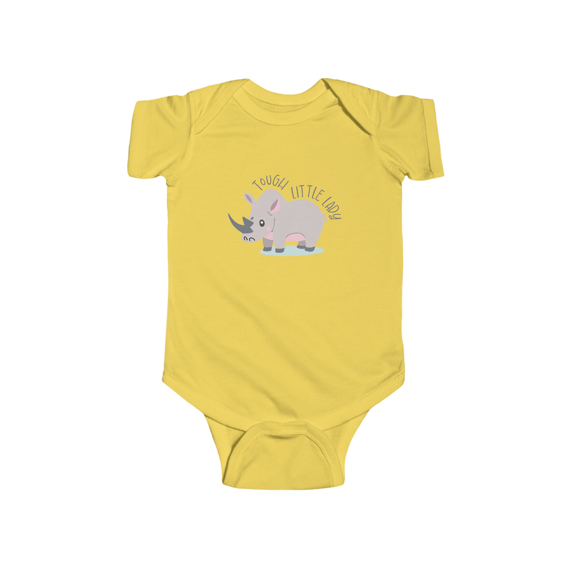 Butter Yellow Tough Little Lady Rhino Snapsuit, Baby Animal Bodysuit, Rhino Bodysuit
