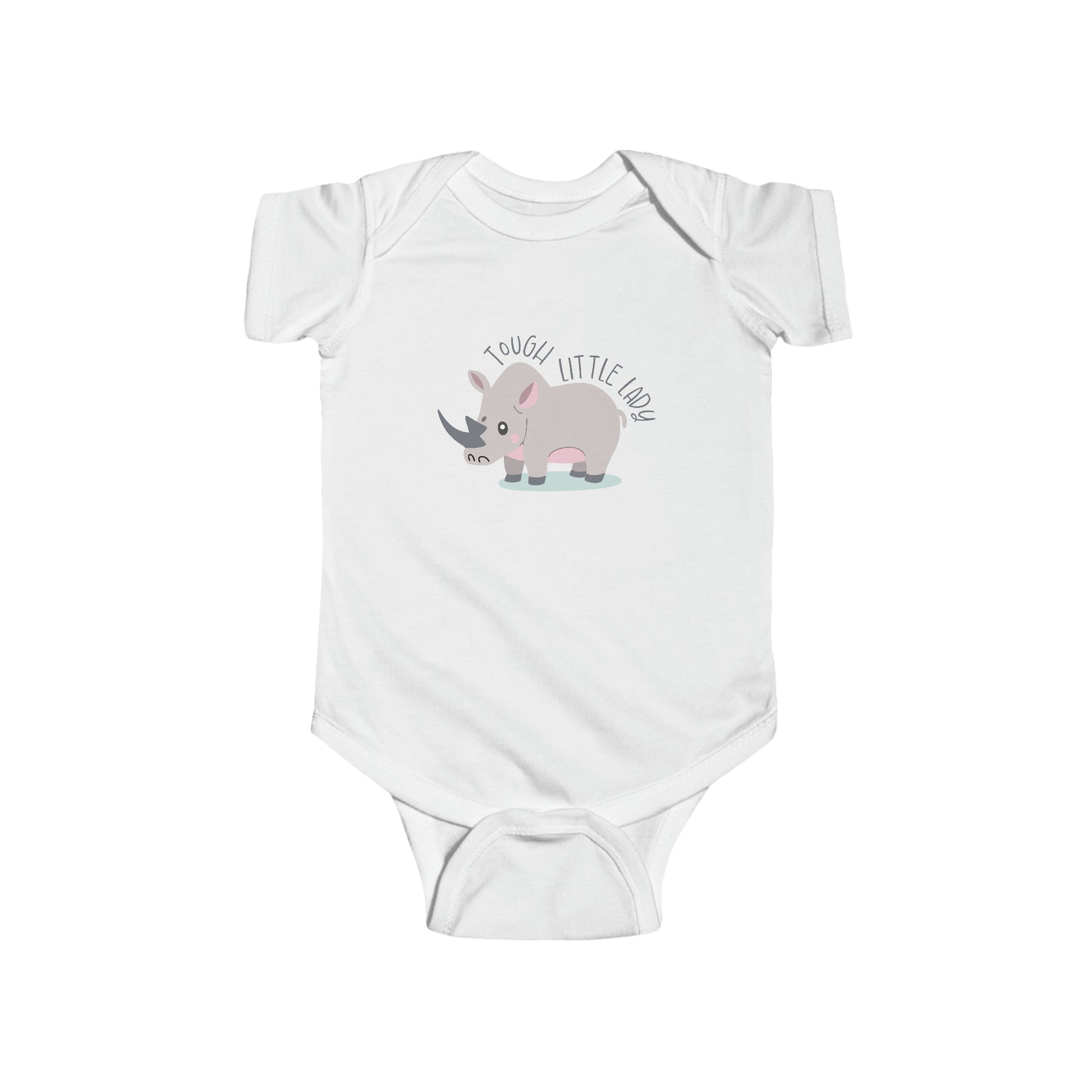 White Tough Little Lady Rhino Snapsuit, Baby Animal Bodysuit, Rhino Bodysuit