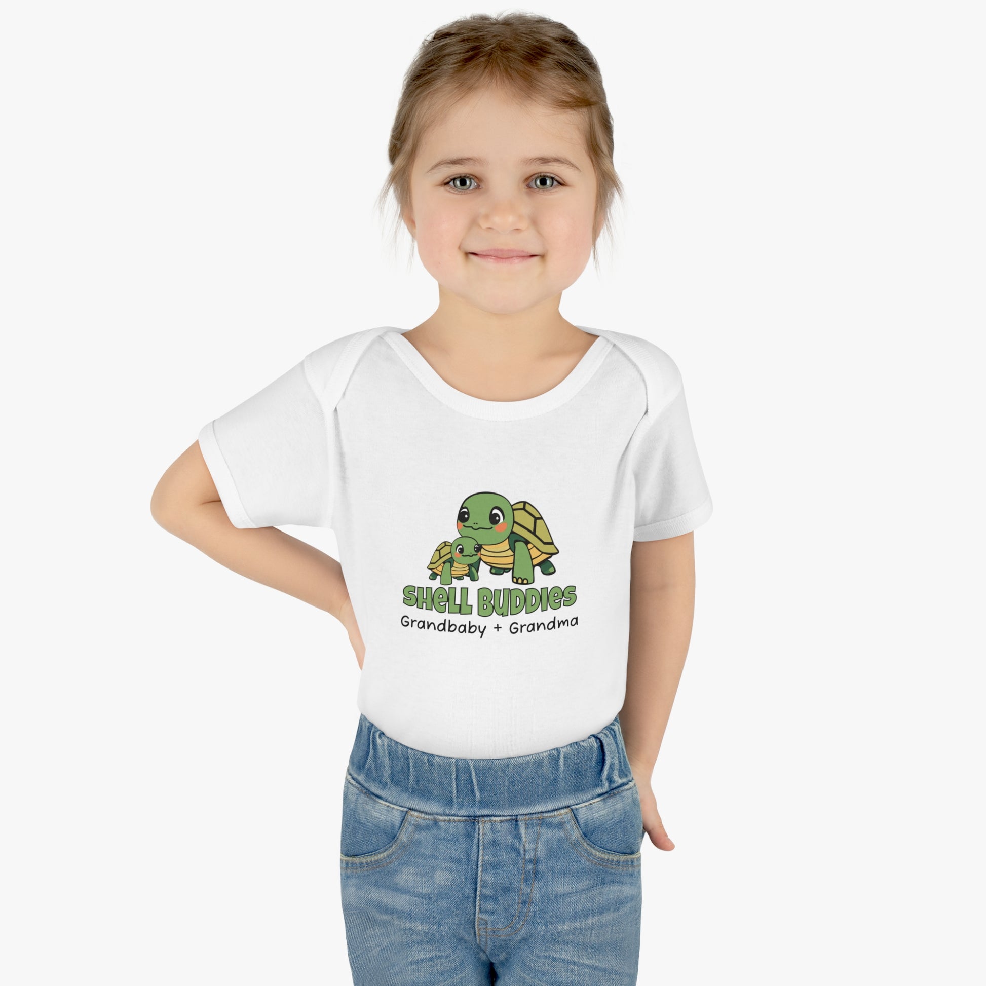 Girl Wearing White Shell Buddies Turtles Snapsuit for Grandparent and Grandbaby, Turtles Bodysuit for Grandbaby