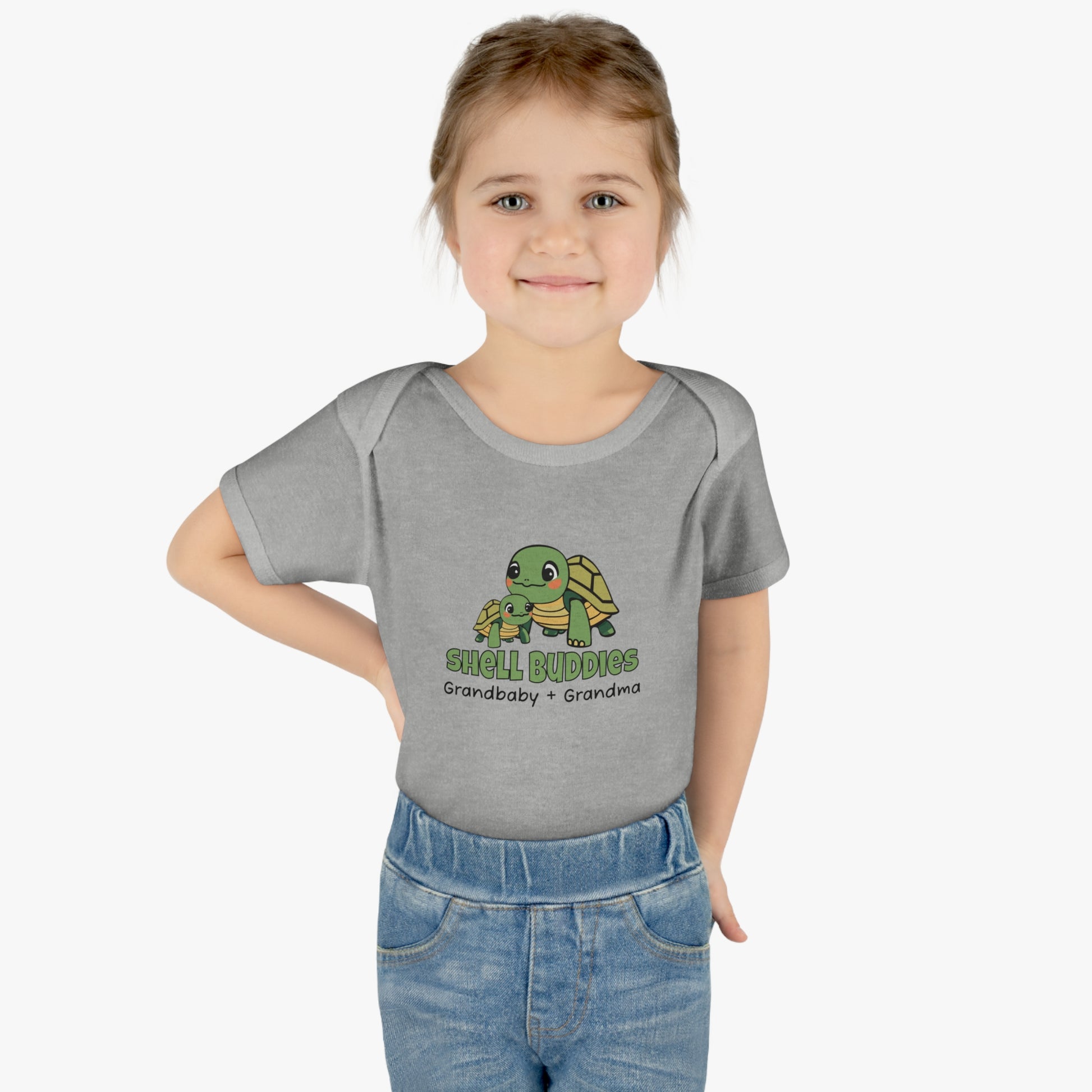 Girl Wearing Heather Grey Shell Buddies Turtles Snapsuit for Grandparent and Grandbaby, Turtles Bodysuit for Grandbaby
